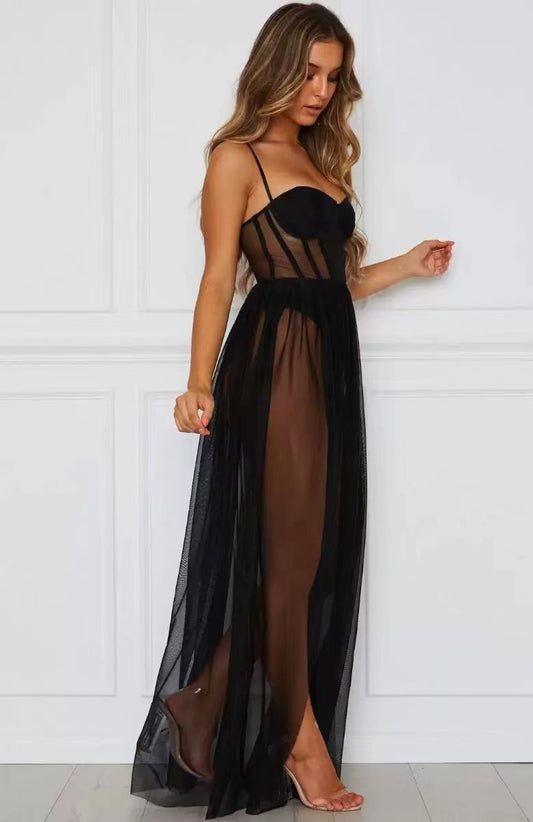 Black Mesh Sheer See-Through Nightgown