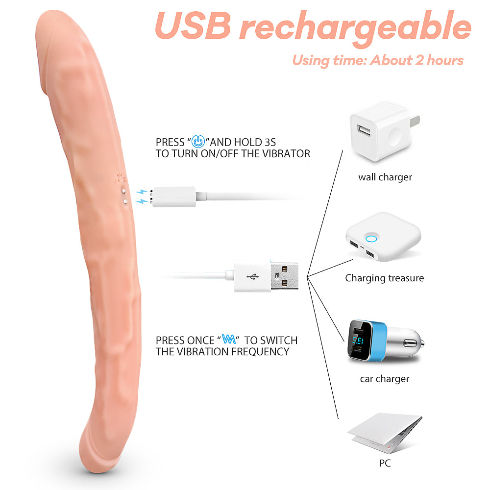 Three King Bendable G-Spot Vibrator Double-Ended Strap-On Curved Dildo*Nude