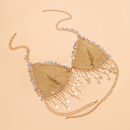 Golden Shiny Squin Rhinestone Chest Bra Chain