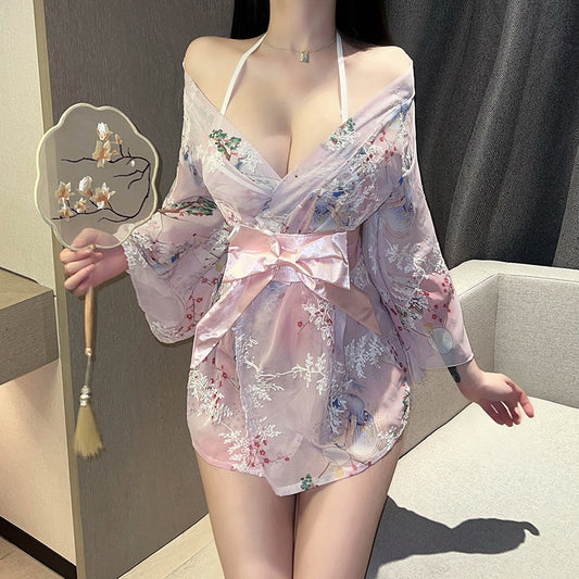 Kimono See-Through Nightgown Set - Pink
