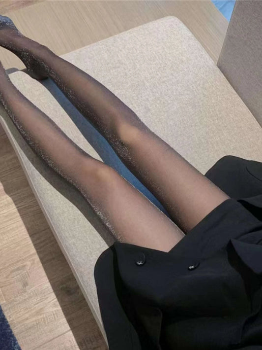 Pearlescent Crotchless Shiny Black Stockings - Size M